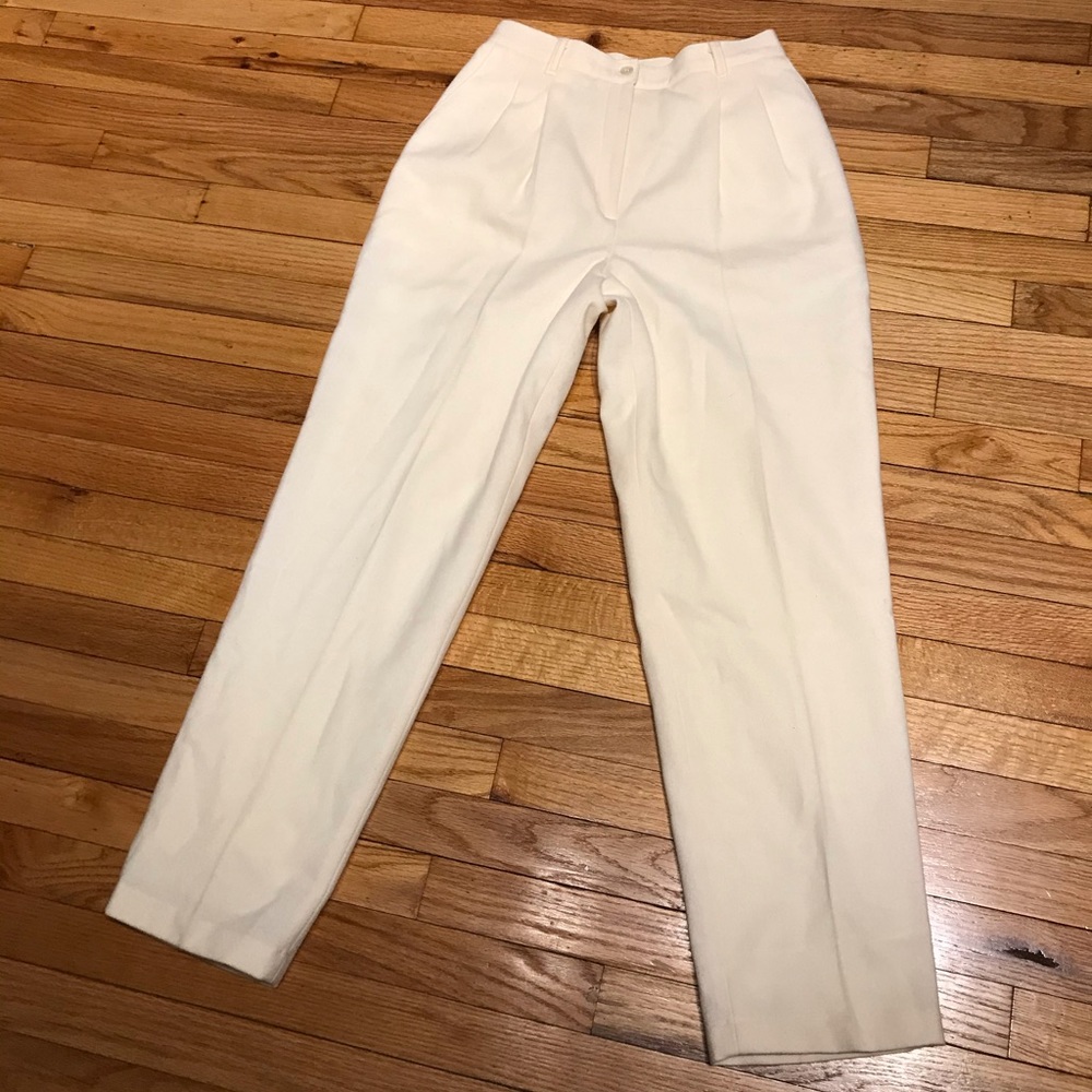 🎯NWOT Sag Wool Vintage Pleated High Rise pinstriped winter outdoor ivory pants